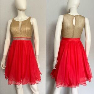 NEW Sleeveless Cocktail Dress Rhinestone Belt Gold Bodice Coral Tulle Skirt Gown